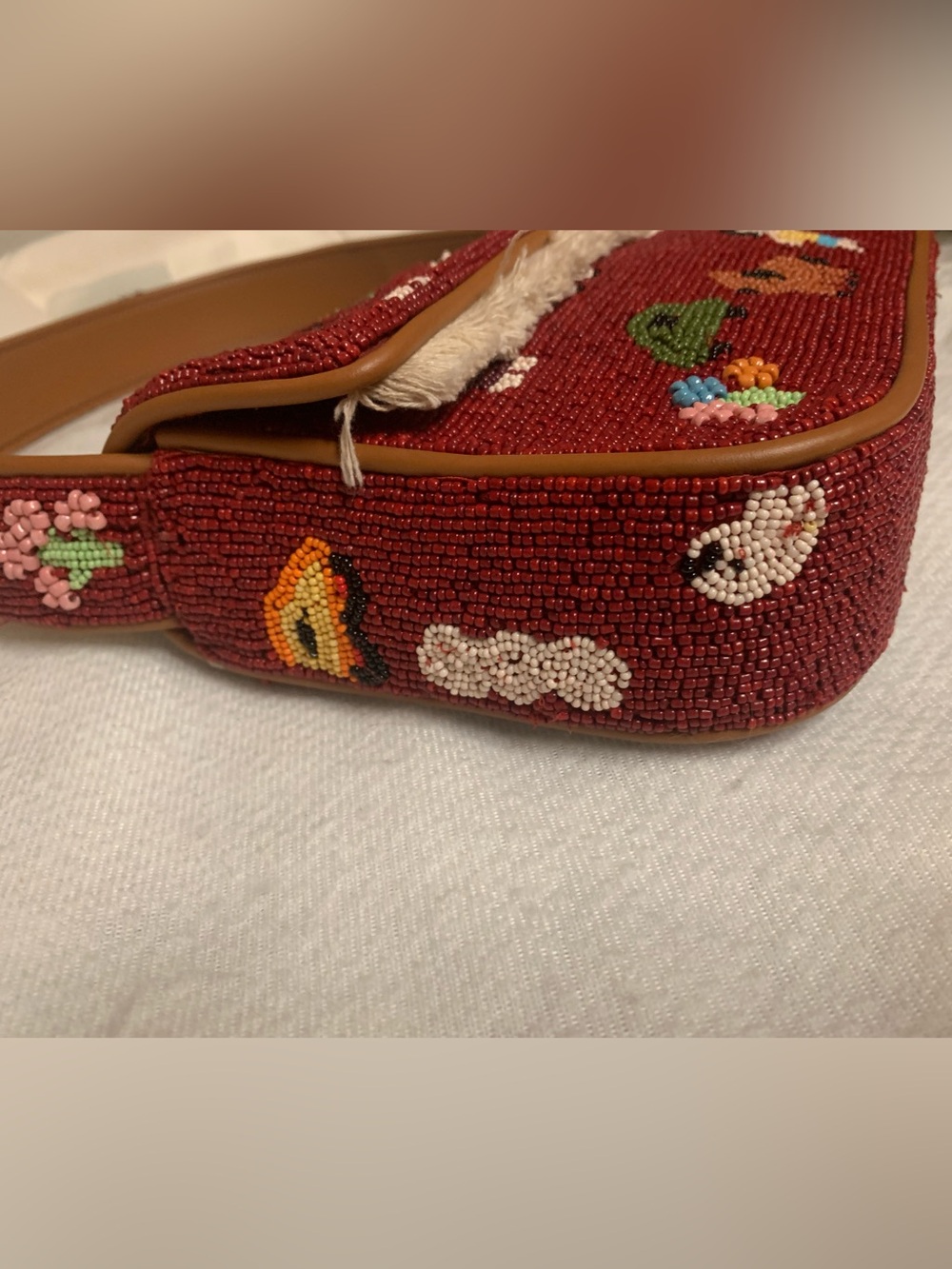 STAUD Tommy Beaded / Embroidered Folk Town Shoulder Bag Red W Tan Trim $325 MSRP - Picture 8 of 17